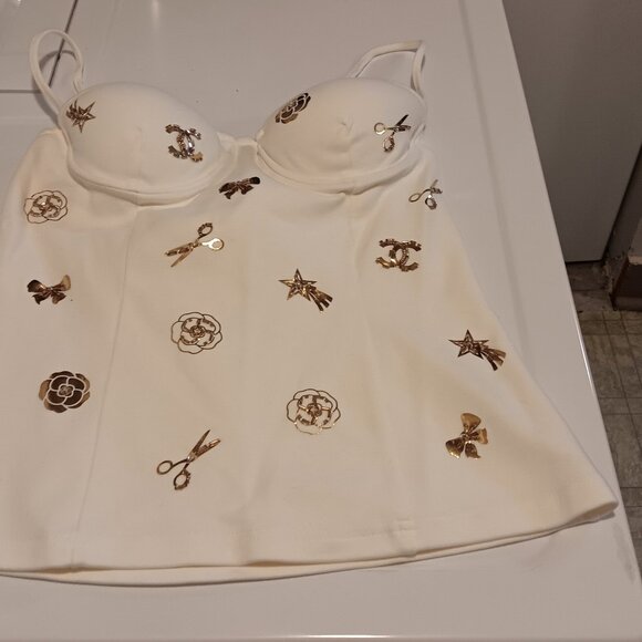 WOMENS CHANEL CAMISOLE CROP BUSTIER ADORNED WITH EMBELLISHMENTS TOP SZ 36 - Picture 1 of 6